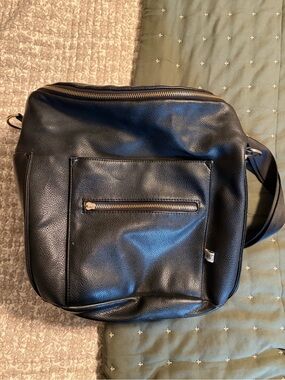 Fawn Design Black Leather Baby Bag with Front Zip Pocket